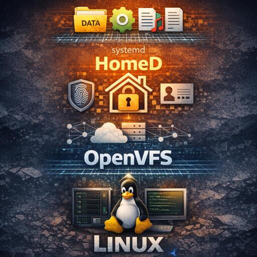 AI Image that shows the words Linux -> OpenVFS -> SystemD-HomeD 
in a row.